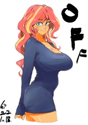 Size: 700x1000 | Tagged: safe, alternate version, artist:sozglitch, sunset shimmer, equestria girls, big breasts, breasts, busty sunset shimmer, cleavage, female, huge breasts, long sleeves, looking at you, mask, minidress, simple background, smiling, solo, sweater dress, white background