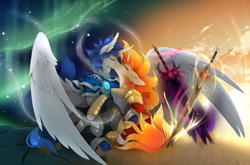 Size: 3000x1984 | Tagged: safe, artist:taiga-blackfield, oc, oc:elegy, oc:prince nova, alicorn, pony, unicorn, alicorn oc, armor, horn, kissing, sword, weapon, wings