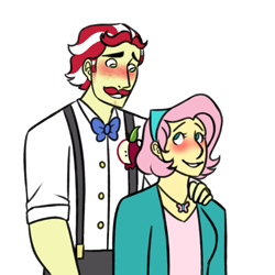 Size: 1500x1500 | Tagged: safe, artist:crayoncreates, flam, fluttershy, equestria girls, g4, blushing, bowtie, button-up shirt, clothes, crack shipping, female, flamshy, hand on shoulder, height difference, jacket, jewelry, male, necklace, shipping, shirt, short hair, simple background, straight, suspenders, transparent background