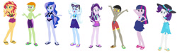 Size: 1280x382 | Tagged: safe, artist:diana173076, discord, princess luna, rarity, starlight glimmer, sunset shimmer, thorax, trixie, twilight sparkle, equestria girls, g4, base used, belly button, clothes, clothes swap, equestria girls-ified, feet, flip-flops, sandals, simple background, swimsuit, swimsuit swap, white background
