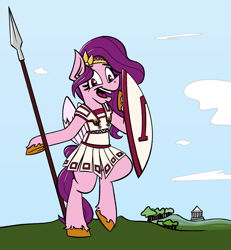 Size: 1994x2160 | Tagged: safe, artist:cowsrtasty, pipp petals, pegasus, pony, semi-anthro, g5, adorapipp, arm hooves, armor, armor skirt, bipedal, clothes, cute, female, greek, greek clothes, hoplite, hoplon, linothorax, mare, palindrome get, red eyes, red-eyed pipp, shield, skirt, solo, spear, weapon, wrong eye color