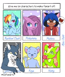 Size: 1280x1529 | Tagged: safe, artist:aleurajan, pinkie pie, rainbow dash, earth pony, pegasus, pony, raccoon, squirrel, anthro, g4, anthro with ponies, bna: brand new animal, bust, candy, clothes, crossover, crying, eyes closed, female, food, happy tree friends, licking, lollipop, male, michiru kagemori, nutty (happy tree friends), pictogram, pinkamena diane pie, six fanarts, tongue out, waving, wide eyes, wings