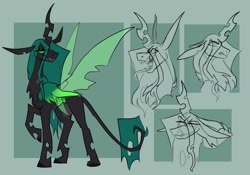 Size: 1429x1000 | Tagged: safe, artist:rockin_candies, queen chrysalis, changeling, changeling queen, g4, alternate design, fangs, female, forked tongue, green background, horn, open mouth, simple background, sketch, slit pupils, solo, spread wings, swirly eyes, teeth, tongue out, wings