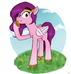 Size: 4482x4666 | Tagged: safe, artist:dark shadow, pipp petals, pegasus, pony, g5, absurd resolution, adorapipp, cloud, cute, female, grass, grin, long legs, looking at you, mare, raised hoof, red eyes, red-eyed pipp, skinny pipp, sky, smiling, solo, teeth, unshorn fetlocks, wrong eye color