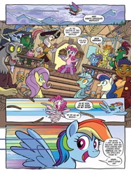 Size: 768x1024 | Tagged: safe, artist:tony fleecs, idw, bon bon, boyle, capper dapperpaws, captain celaeno, discord, fluttershy, lix spittle, lyra heartstrings, mullet (g4), pinkie pie, rainbow dash, spitfire, sweetie drops, trixie, abyssinian, bird, draconequus, earth pony, parrot, parrot pirates, pegasus, pony, unicorn, g4, season 10, spoiler:comic, spoiler:comic96, airship, bipedal, chest fluff, drink, female, food, hat, male, mare, periscope, pirate, pirate hat, waffle