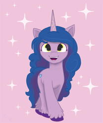 Size: 1500x1802 | Tagged: safe, artist:chopsticks, izzy moonbow, pony, unicorn, g5, description is relevant, female, looking at you, mare, open mouth, pink background, simple background, solo, style emulation, unshorn fetlocks