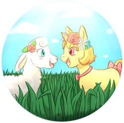 Size: 1024x1012 | Tagged: safe, artist:foxhatart, oc, oc only, oc:dandelion, pony, sheep, unicorn, bow, colt, floral head wreath, flower, male, tail bow