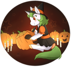 Size: 1024x970 | Tagged: safe, artist:foxhatart, oc, oc only, oc:lime, pony, unicorn, bow, candle, female, halloween, holiday, jack-o-lantern, mare, pumpkin, solo, tail bow