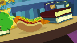 Size: 1000x562 | Tagged: safe, screencap, every little thing she does, g4, bookshelf, bread, carrot, carrot dog, food, gif, indoors, ketchup, mustard, no pony, non-animated gif, sauce, table