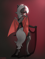 Size: 1879x2480 | Tagged: safe, artist:freeedon, oc, oc only, oc:dusty fang, bat pony, anthro, unguligrade anthro, blushing, bow, clothes, flower, flower in hair, hair bow, lace, looking at you, looking back, looking back at you, rear view, see-through, solo, speedpaint available, stockings, thigh highs