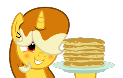 Size: 2581x1642 | Tagged: safe, artist:darbypop1, oc, oc only, oc:pikachu pancakes, pony, unicorn, female, food, mare, pancakes, simple background, solo, transparent background