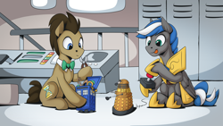 Size: 2560x1440 | Tagged: safe, artist:mysticalpha, doctor whooves, time turner, oc, oc:cloud zapper, earth pony, pegasus, pony, g4, armor, dalek, doctor who, male, pegasus oc, royal guard, royal guard armor, royal guard oc, stallion, tardis, tardis console room, tardis control room, the doctor, toy