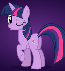 Size: 927x1017 | Tagged: safe, artist:camtwo, derpibooru exclusive, twilight sparkle, pony, unicorn, g4, butt, female, gradient background, looking at you, looking back, looking back at you, one eye closed, plot, pose, puppet, puppet rig, purple background, raised hoof, shadow, simple background, solo, twibutt, unicorn twilight, wink, winking at you