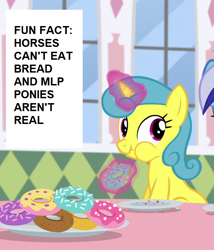 Size: 616x720 | Tagged: safe, edit, edited screencap, screencap, lemon hearts, minuette, pony, unicorn, amending fences, aura, background pony, bread, captain obvious, crumbs, donut, donut shop, eating, female, food, herbivore, lies, magic, magic aura, mare, offscreen character, oh really, plate, puffy cheeks, scrunchy face, solo focus, sprinkles, telekinesis, text