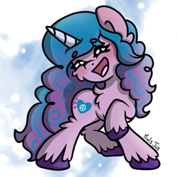 Size: 3000x3000 | Tagged: safe, artist:minty joy, izzy moonbow, pony, unicorn, g5, abstract background, blushing, cheek fluff, chest fluff, cute, ear fluff, eyes closed, female, high res, izzybetes, leg fluff, mare, open mouth, raised hoof, signature, simple background, solo, unshorn fetlocks