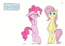 Size: 717x513 | Tagged: safe, artist:bikkisu, fluttershy, pinkie pie, earth pony, pegasus, pony, g4, animated, bipedal, duo, duo female, eyes closed, female, floppy ears, frame by frame, gif, need to pee, no pupils, potty dance, potty time, squigglevision