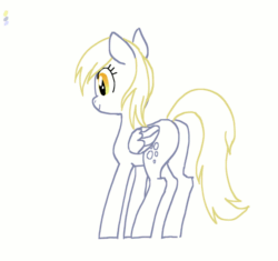 Size: 660x620 | Tagged: safe, artist:bikkisu, derpy hooves, pegasus, pony, g4, animated, butt, frame by frame, gif, glowing eyes, plot, simple background, slightly creepy, smiling, solo, turned head, white background, zoom