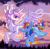 Size: 2165x2120 | Tagged: safe, artist:kotya, princess celestia, rainbow dash, alicorn, pegasus, pony, g4, cloud, flying, forest, high res, horn, looking at each other, smiling, sunset, wings, young celestia