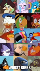 Size: 500x889 | Tagged: safe, edit, edited screencap, screencap, captain celaeno, gallus, silverstream, bird, blue jay, chicken, duck, eagle, hippogriff, owl, parrot, toucan, anthro, g4, my little pony: the movie, the hearth's warming club, abuse, aladdin, anthro with ponies, bait, blatant lies, caption, cereal, crying, daffy duck, disney, donald duck, female, foghorn leghorn, food, froot loops, happy, hate art, iago, image macro, imgflip, jose carioca, looney tunes, male, mordecai, op is a duck, op is trying to start shit, open mouth, panchito pistoles, regular show, rio, rooster, singing, text, the lion king, the three caballeros, toucan sam, tyler blu gunderson, winnie the pooh, zazu