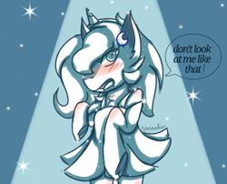 Size: 2446x1978 | Tagged: safe, artist:nanazdina, derpibooru exclusive, princess luna, pony, lunadoodle, g4, blushing, clothes, cute, female, filly, ibispaint x, lunabetes, moon, sketch, skirt, solo, woona, younger