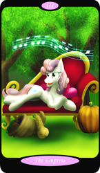 Size: 1500x2591 | Tagged: safe, artist:sixes&sevens, part of a set, sweetie belle, pony, unicorn, g4, cornucopia, crossed hooves, fainting couch, female, forest, gourd, lying down, major arcana, music notes, older, older sweetie belle, pumpkin, singing, solo, squash, tarot card, the empress