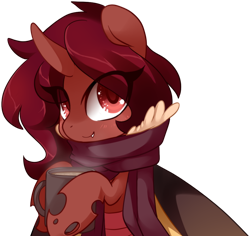 Size: 1060x1000 | Tagged: safe, artist:loyaldis, oc, oc only, oc:flechette, changeling, moth, mothling, original species, chocolate, clothes, female, food, hot chocolate, red changeling, scarf