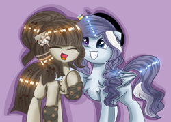 Size: 926x663 | Tagged: safe, artist:starflashing twinkle, oc, earth pony, pegasus, pony, cute, hairpin, purple background, simple background, snow, snowflake