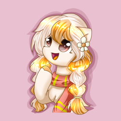 Size: 1080x1080 | Tagged: safe, artist:starflashing twinkle, oc, oc only, earth pony, pony, cute, flower, hairpin, muffler, open mouth, simple background, solo