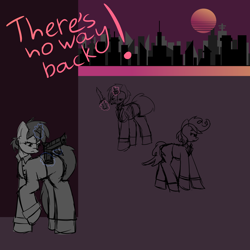 Size: 3000x3000 | Tagged: safe, artist:menalia, oc, oc only, oc:freezy coldres, oc:stolen diamonds, unnamed oc, earth pony, pony, unicorn, aesthetics, cigarette, city, clothes, emotionless, female, gloves, gun, high res, horn, implied death, knife, mafia, magic, magic aura, male, mare, pants, scared, shirt, shoes, sketch, smoking, stallion, sun, text, water, weapon, wip