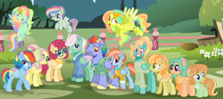 Size: 1920x854 | Tagged: safe, artist:choisky13, bow hothoof, fluttershy, gentle breeze, junebug, posey shy, rainbow dash, windy whistles, zephyr breeze, oc, oc:flying butterfly, oc:little cloud, oc:september leaves, oc:soft winter breeze, oc:wind wings, g4, family photo, female, lesbian, magical lesbian spawn, male, offspring, parent:fluttershy, parent:rainbow dash, parent:tree hugger, parent:zephyr breeze, parents:flutterdash, parents:zephyrhugger, ship:flutterdash, ship:shys, ship:windyhoof, shipping, straight