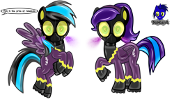 Size: 7680x4392 | Tagged: safe, artist:damlanil, oc, oc:nightlight aura, oc:star eyes, pegasus, pony, boots, clothes, collar, commission, costume, duo, female, flying, gas mask, heart, heart eyes, implied nightmare moon, latex, looking at you, mare, mask, raised hoof, rubber, rubber drone, shadowbolt drone, shadowbolts, shadowbolts (nightmare moon's minions), shadowbolts costume, shiny, shiny mane, shoes, show accurate, simple background, story, transformation, transparent background, vector, wingding eyes, wings