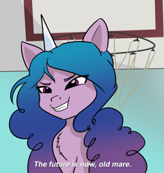 Size: 1117x1185 | Tagged: artist needed, source needed, safe, izzy moonbow, pony, unicorn, g5, female, malcolm in the middle, mare, meme, ponified meme, reference, smug, solo, the future is now old man