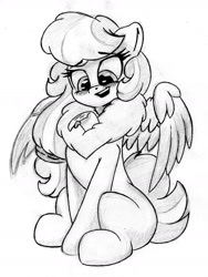 Size: 1323x1764 | Tagged: safe, artist:zemer, oc, oc only, oc:feather belle, pegasus, pony, blushing, chest fluff, cute, fluffy, hair tie, letter, monochrome, sitting, solo, traditional art, wing spreading
