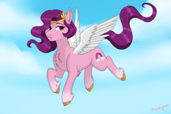 Size: 3000x2000 | Tagged: safe, artist:peachyloaf, pipp petals, pegasus, pony, g5, adorapipp, cute, fanart, female, flying, high res, mare, red eyes, red-eyed pipp, sky, solo, wrong eye color