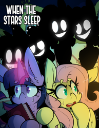 Size: 2550x3300 | Tagged: safe, artist:bbsartboutique, applejack, fluttershy, pinkie pie, rainbow dash, rarity, twilight sparkle, fanfic:when the stars sleep, g4, book, building, cover art, creepy, fanfic art, glowing eyes, glowing horn, glowing mouth, grin, high res, horn, magic, magic aura, scared, shadow, smiling, sweat