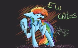 Size: 4096x2560 | Tagged: safe, artist:feathershine1, rainbow dash, pegasus, pony, g4, the end in friend, brown background, disgusted, eww, female, glitter, mare, simple background, solo, sparkly hooves, standing on two hooves