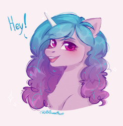 Size: 1053x1077 | Tagged: safe, artist:anku, izzy moonbow, pony, unicorn, g5, blushing, bust, chest fluff, dialogue, eyelashes, female, looking at you, mare, open mouth, pink eyes, portrait, signature, solo, talking to viewer