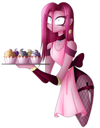 Size: 2483x3191 | Tagged: safe, artist:mywasasi, pinkie pie, fanfic:cupcakes, equestria girls, g4, apron, choker, clothes, creepy, cupcake, ear piercing, earring, fishnet stockings, food, high res, implied mane six, jewelry, knife, piercing, pinkamena diane pie, rainbow cupcake, simple background, solo, transparent background