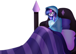 Size: 4092x2893 | Tagged: safe, artist:mywasasi, sci-twi, twilight sparkle, equestria girls, g4, bed, blanket, clothes, crying, glasses, hoodie, simple background, solo, transparent background