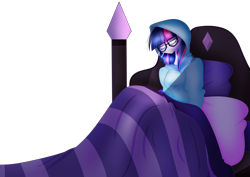 Size: 4092x2893 | Tagged: safe, artist:mywasasi, sci-twi, twilight sparkle, equestria girls, g4, bed, blanket, clothes, crying, glasses, hoodie, sad, simple background, solo, transparent background