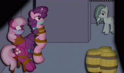 Size: 3712x2182 | Tagged: source needed, useless source url, safe, artist:radiantrealm, edit, cheerilee, marble pie, sugar belle, earth pony, pony, g4, barrel, blushing, bondage, bound, bound and gagged, cloth gag, erotic tickling, feather, female, femdom, femsub, fetish, gag, help us, high res, horn, horn ring, imminent tickles, kidnapped, mare, over the nose gag, pole, ring, rope, rope bondage, shocked, sitting, standing, submissive, this will end in tickles, tickle fetish, tickle torture, tickling, tied up