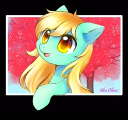 Size: 2100x1976 | Tagged: safe, artist:aleurajan, oc, oc only, earth pony, pony, bust, earth pony oc, open mouth, outdoors, signature, smiling, solo, tree