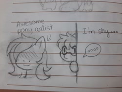 Size: 2048x1536 | Tagged: safe, artist:aleurajan, oc, oc only, earth pony, pony, ..., duo, earth pony oc, glasses, hiding, lineart, lined paper, traditional art