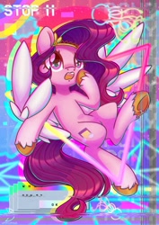Size: 1600x2264 | Tagged: safe, artist:wavecipher, pipp petals, pegasus, pony, g5, aesthetics, belly, female, hooves, human shoulders, mare, red eyes, red-eyed pipp, round belly, solo, synthwave, triangle, vaporwave, wrong eye color