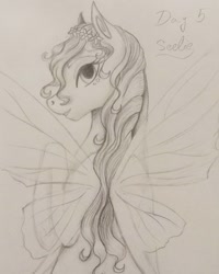 Size: 1080x1350 | Tagged: safe, artist:pony_riart, oc, oc only, pony, bust, butterfly wings, grayscale, inktober 2020, monochrome, signature, smiling, traditional art, wings
