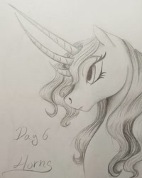 Size: 1080x1350 | Tagged: safe, artist:pony_riart, oc, oc only, pony, bust, eyelashes, grayscale, horn, horns, inktober 2020, monochrome, multiple horns, signature, traditional art, tricorn