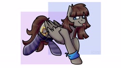 Size: 3840x2160 | Tagged: safe, artist:jellysketch, oc, oc only, oc:ru, pegasus, pony, bandana, clothes, full body, happy, high res, pegasus oc, prize, raffle prize, simple background, socks, solo, striped socks, tongue out, white background