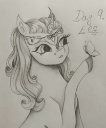 Size: 1080x1307 | Tagged: safe, artist:pony_riart, oc, oc only, butterfly, earth pony, pony, bust, colored hooves, earth pony oc, eyelashes, female, grayscale, inktober 2020, mare, monochrome, raised hoof, traditional art