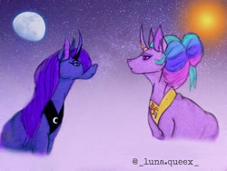 Size: 1080x810 | Tagged: safe, alternate version, artist:luna.queex, princess celestia, princess luna, alicorn, pony, g4, alternate hairstyle, bust, colored, curved horn, duo, female, hair bun, horn, mare, moon, night, peytral, siblings, sisters, sun