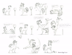 Size: 5925x4500 | Tagged: safe, artist:baron engel, apple bloom, earth pony, pony, g4, bucket, crushing, kicking, pencil drawing, speech bubble, traditional art